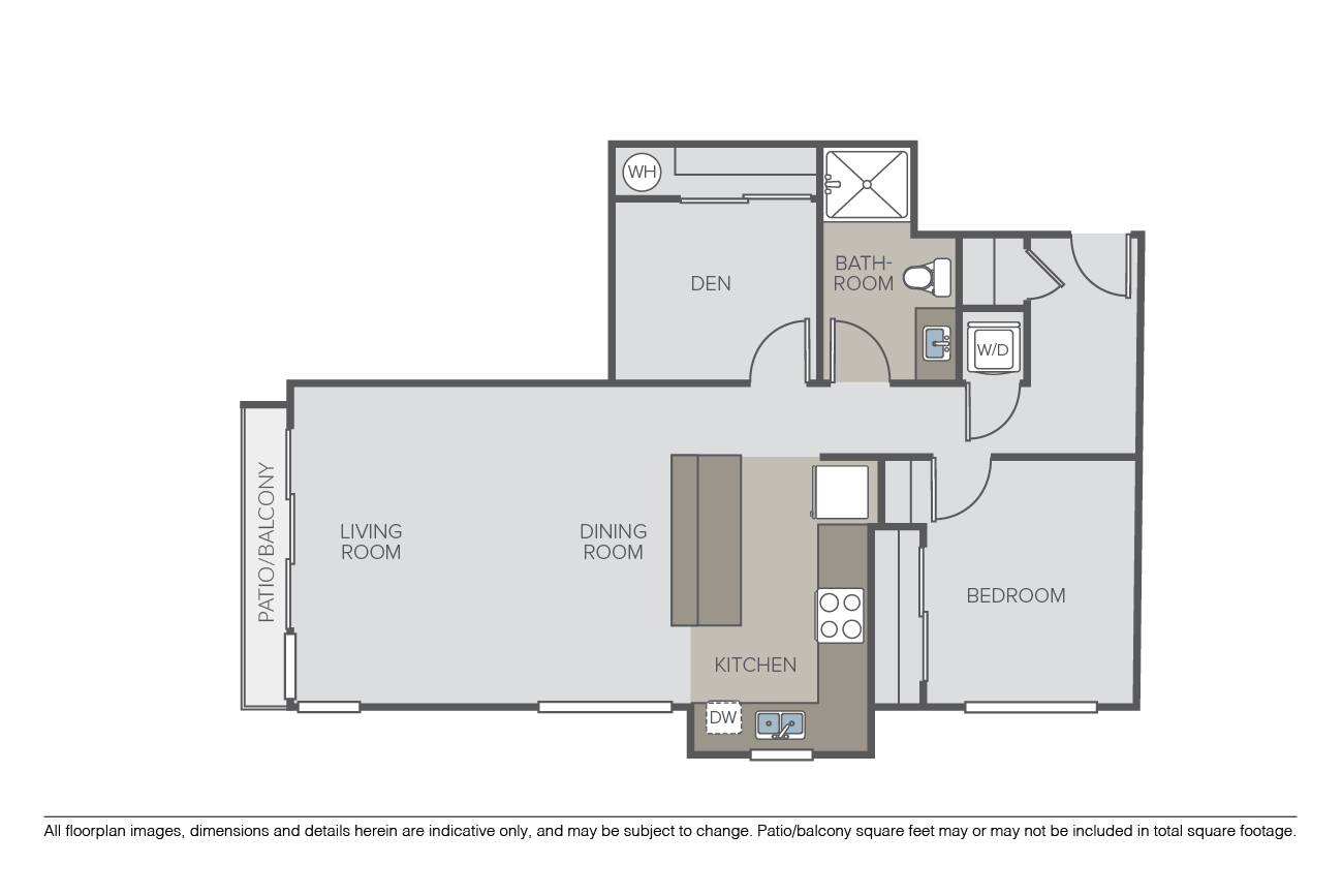 Floor plan for 1 bed, 1 bath, 703 sqft
